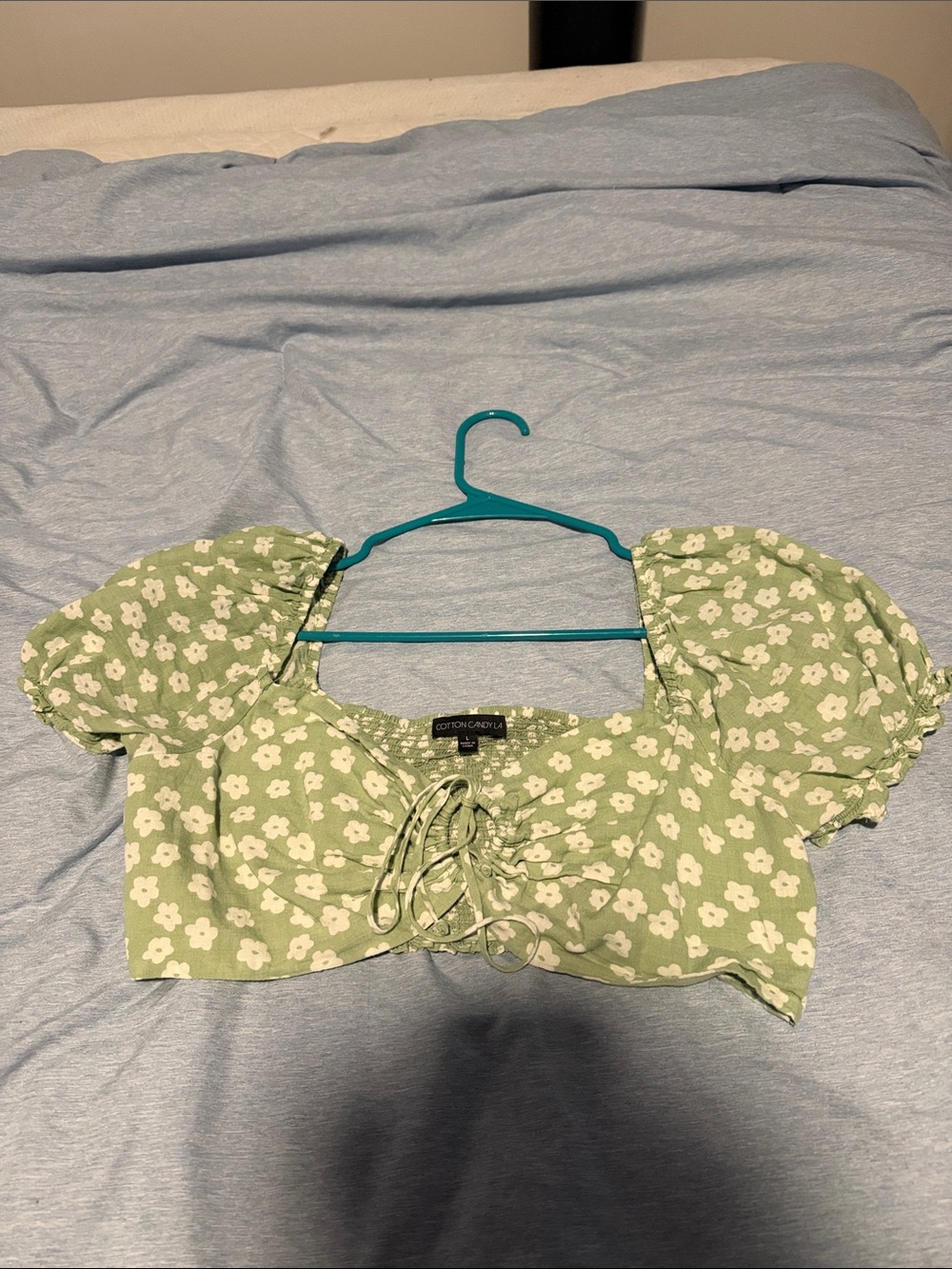 Cotton Candy LA Light Sage Floral Puff Sleeve Crop Top